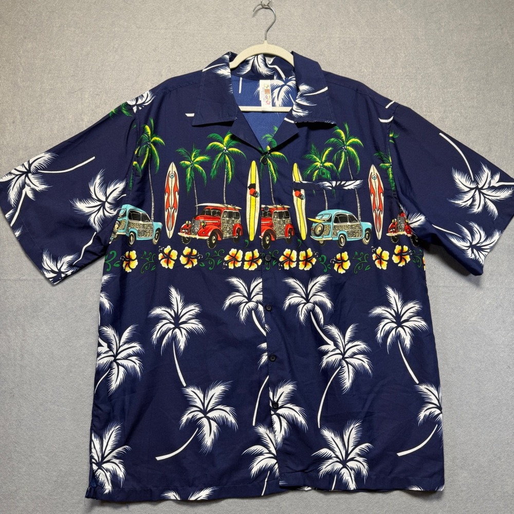 India Boutique Mens XL Hawaiian Aloha Shirt‎ Navy Blue Palm Tree Car Surfboard